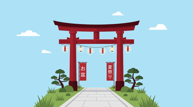This flat design illustration depicts a classic Japanese temple gate, subtly adorned with Obon decorations, symbolizing the entrance to sacred spaces during the festival.