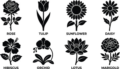 Fototapeta premium Flower Silhouette Vector Set Featuring Rose, Tulip, Sunflower, Daisy, Lotus, and More
