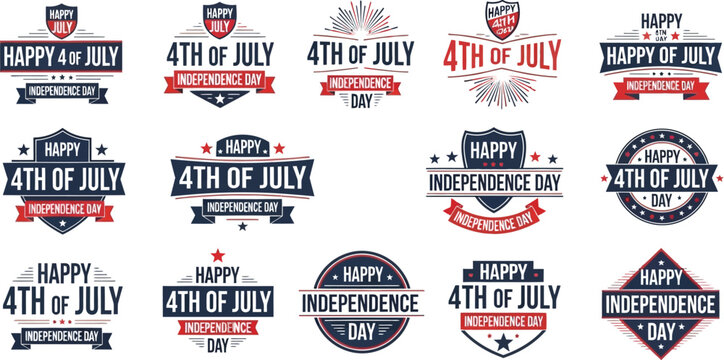 Independence Day badges featuring patriotic shield and circle designs are arranged in a grid for holiday celebrations.