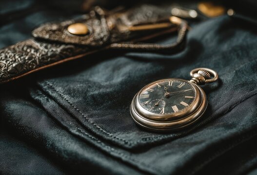 Antique pocket watch and knife sheath on dark fabric
