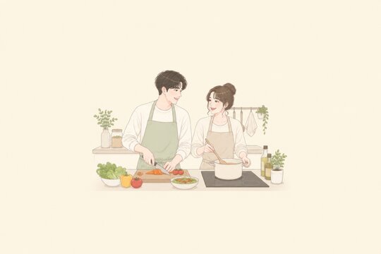 Cute pastel illustration of a happy young couple enjoying their daily life routine at home