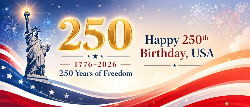 Patriotic USA 250th Birthday banner, American Semiquincentennial celebration with Statue of Liberty, 250 Years of Freedom 1776-2026 commemorative design