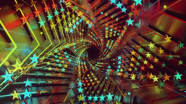 Seamless loop of a star-shaped tunnel. Abstract digital vortex with rhythmic motion and glowing geometric elements, creating a deep perspective background for stage screens and event displays.