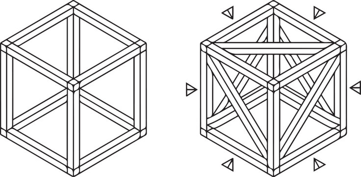 Geometric 3D wireframe cubes with triangular and square shapes