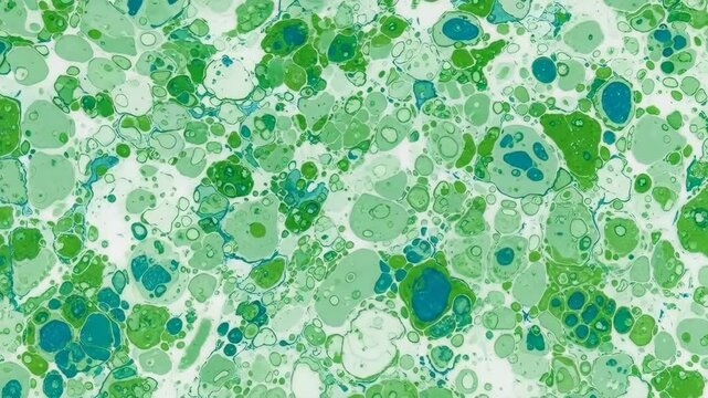 Abstract green and teal paint marble swirl pattern on a white background