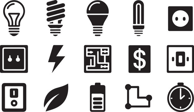 Various electrical and energy related icons on white background