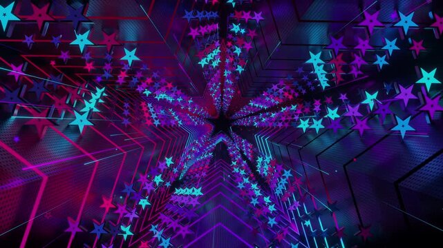 Seamless digital star vortex with rhythmic motion and glowing geometric elements, creating a deep perspective background for stage screens and event displays.