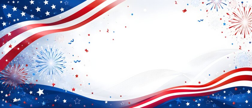Patriotic American flag border with fireworks and confetti, festive USA holiday background, red white and blue fourth of july celebration frame