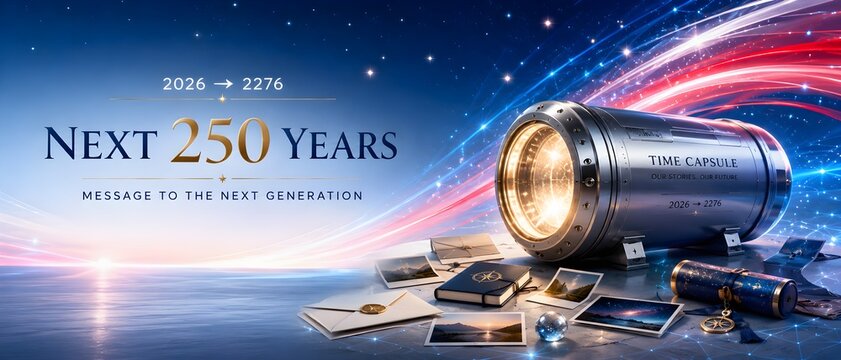 Futuristic time capsule for the next 250 years, metallic cylinder with message to the next generation, glowing sci-fi vault in deep blue space background