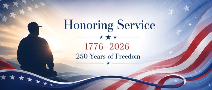 Patriotic veteran silhouette honoring service, 250 years of freedom 1776-2026 semiquincentennial banner, American flag background for Memorial Day