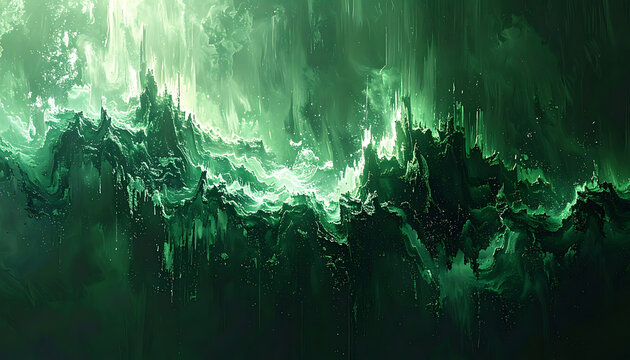 glowing emerald green abstract liquid energy flow, dynamic plasma waves, mystic ethereal smoke, shimmering digital particles, dark background