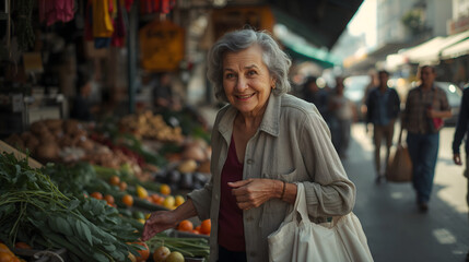 Obraz premium Woman browsing outdoor market showing curious cheerfulness with casual clothes shopping bag and soft morning light creating candid everyday generative AI