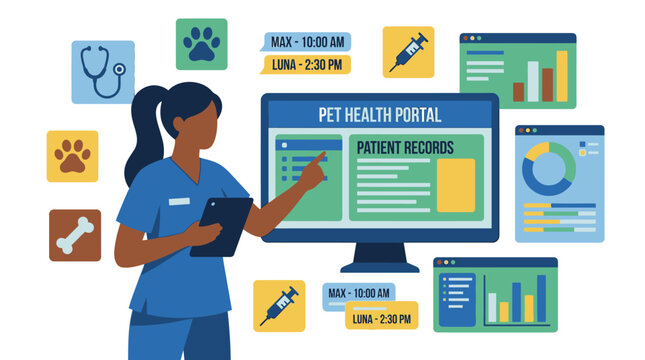 A veterinary nurse interacts with a computer displaying pet health records in a clinic.