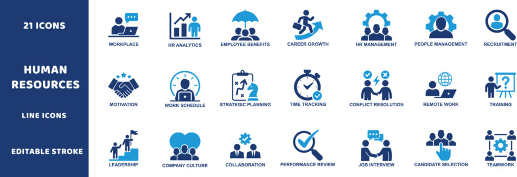 Human resources line icons. HR management business flat symbols set, corporate recruitment company culture elements, and employee performance review motivation vector collection