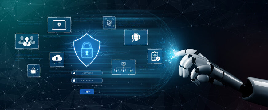 An AI assistant manages a comprehensive cybersecurity platform. The system uses intelligent authentication and access control to protect the corporate network and user data. Fermion
