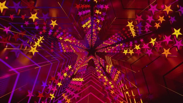 Seamless loop of a star-shaped tunnel. Abstract digital vortex with rhythmic motion and glowing geometric elements, creating a deep perspective background for stage screens and event displays.