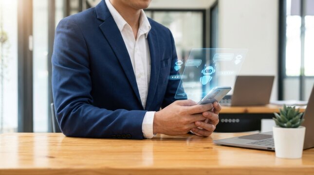 Businessman in suit using smartphone with holographic AI chatbot interface at modern office desk