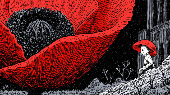Giant Crimson Poppy Dwarfs a Tiny Female Figure in Bold Comic Ink Illustration