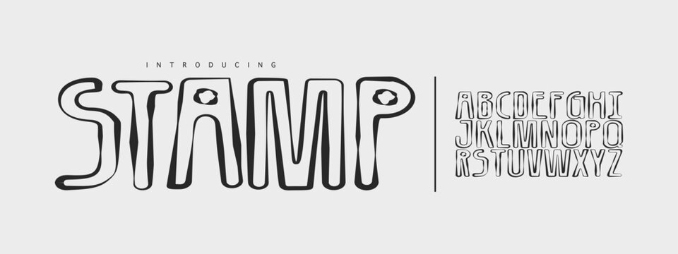 Stamp: A distressed outline font. Wobbly rubber stamp display typeface with ink-pool counters for handmade craft branding.