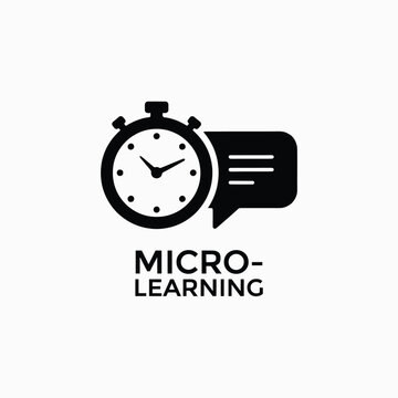 Stopwatch and speech bubble icon a flat black silhouette on a white background representing micro learning clock timer chronometer timekeeping