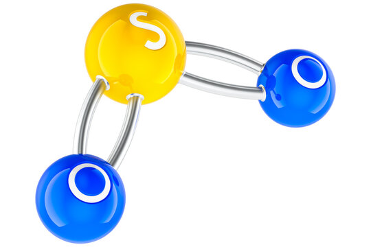 SO2, sulfur dioxide. Molecule model, ball and stick model, transparent background.