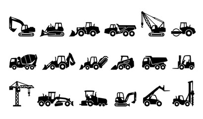 Bulldozer Excavator and Construction Vehicle Silhouette Vector Icons for Engineering and Heavy Equipment Templates © MdHacib