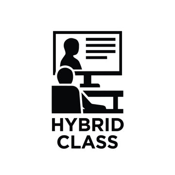 Hybrid class icon depicting a student at a computer with a screen black silhouette on white classroom education learning