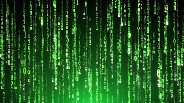 Green digital code rain falling on a dark background, reminiscent of the iconic visual effect from the Matrix movie, symbolizing data and advanced technology.
