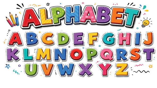 Colorful cartoon alphabet vector set, playful school font for kids education, vibrant 3D comic style letters with pencils and lightbulb icons