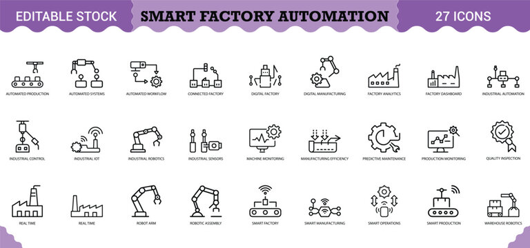 PrintSmart Factory Automation Icon Set - 27 Editable Vector Icons for Industry 4.0 & Manufacturing. Features automated production, industrial robotics, IoT sensors, predictive maintenance, digital man