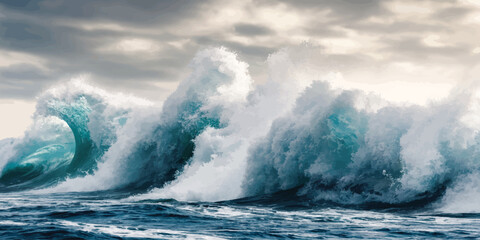 Obraz premium Massive turbulent ocean wave breaking under a cloudy sky with turbulent crashing seascape environment splashing background powerful movement