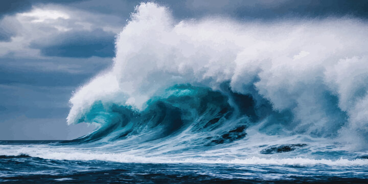 Strong surging ocean wave breaking into large sea spray with crashing seascape environment splashing background powerful movement dramatic
