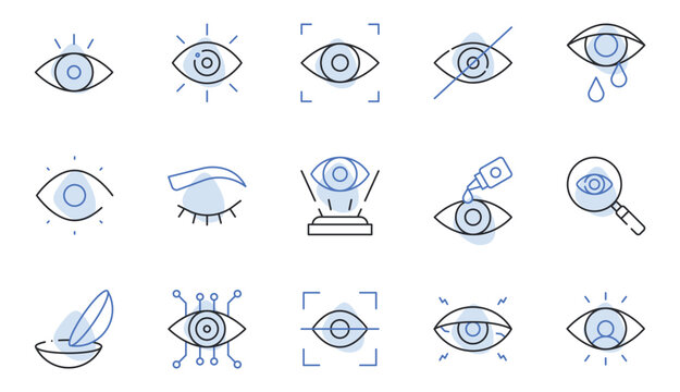 Eye Care and Vision Line Icons Set Eye, Visibility, Blindness, Tears, Contact Lens, Eye Scan, Vision Test Editable Stroke Vector Illustration