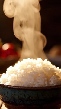 Close Up Of Steaming Bowl Of Freshly Cooked White Rice Emitting Warm Vapor In Rustic Ceramic Bowl