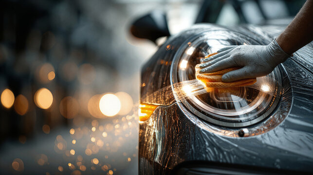 Detailer applies protective film to car headlight with a gloved hand and sponge