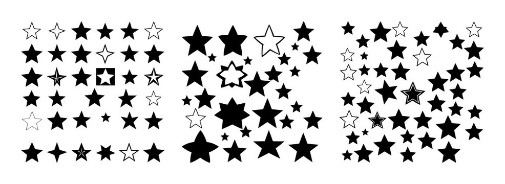 Star icons set with 16 minimalist vector icons arranged in a 4x4 grid featuring solid, outlined, textured with black and white and minimalist