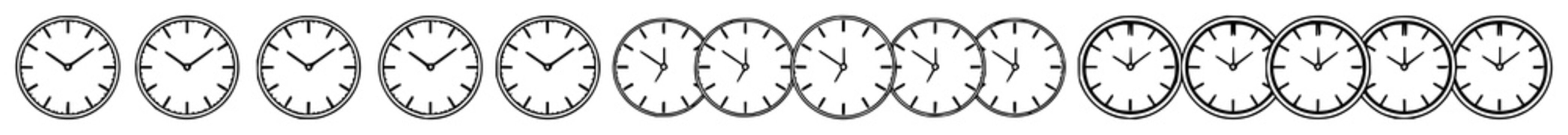 Five analog clocks set with minimalist design front view featuring black outlines, white faces, tick marks with hands and no numbers