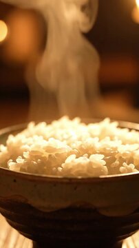 Close Up Of Steaming Bowl Of Freshly Cooked White Rice Emitting Warm Vapor In Rustic Ceramic Bowl Essential Staple Food Commercial