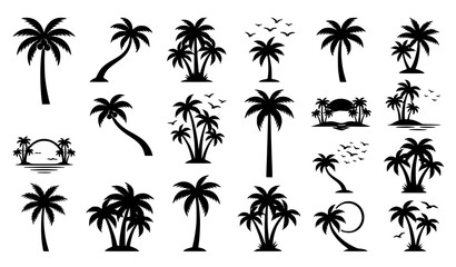 Fototapeta premium Tropical Palm Tree Silhouette SVG Set – Coconut Palms, Sunset and Birds Beach Vector Collection