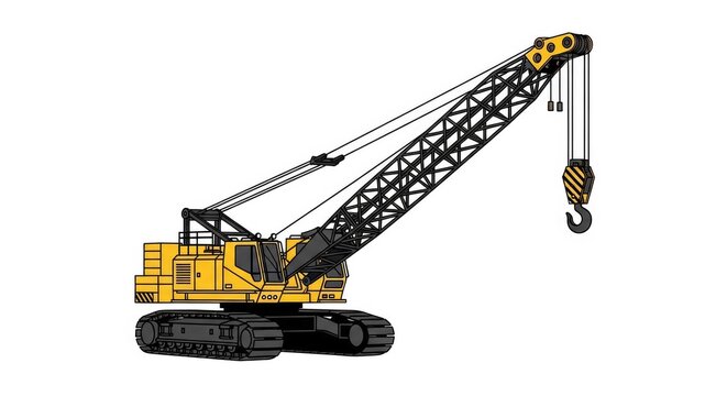 Industrial lattice boom crawler crane graphic on white background.
