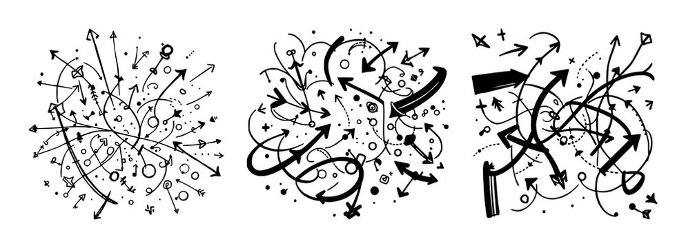 Chaotic and dynamic vector illustration featuring a variety of abstract arrows, lines, and shapes in black and white. The composition includes swirling arrows, dashed lines, and geometric shapes li...