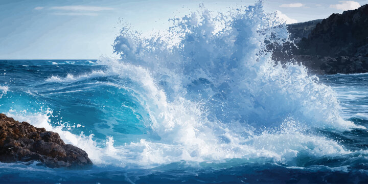 Turquoise breaking wave splashing against rocky shore with crashing turquoise splashing landscape seascape surfboard shoreline movement