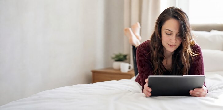 Generative AI, Woman lying on bed browsing tablet relaxing