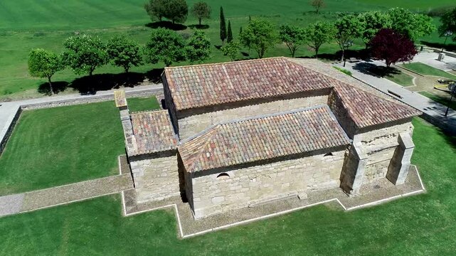Aerial view of the Visigothic Basilica of San Juan de Ba&ntilde;os in Ba&ntilde;os de Cerrato, Palencia