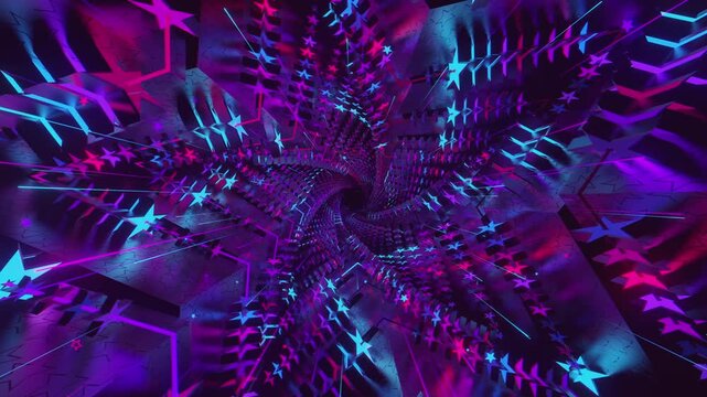 Seamless digital star vortex with rhythmic motion and glowing geometric elements, creating a deep perspective background for stage screens and event displays.
