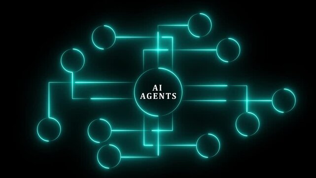AI Agents Circuit Board with Glowing Cyan Lines and Nodes on Black Background artificial Glowing Lines and Square Chip on Black Background abstract binary .4k motion graphics video animation