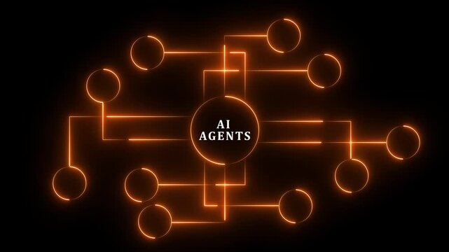 AI Agents Circuit Board with Glowing Cyan Lines and Nodes on Black Background artificial Glowing Lines and Square Chip on Black Background abstract binary .4k motion graphics video animation
