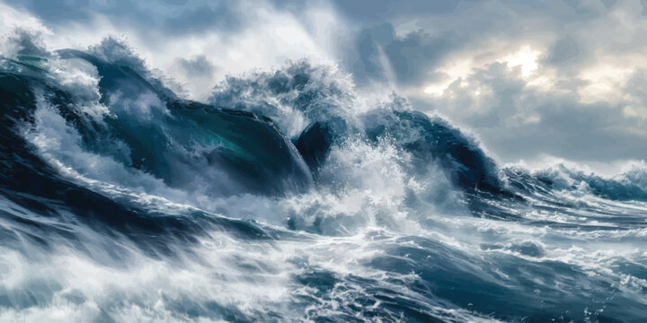 Powerful storm waves crashing in the open ocean under a dramatic cloudy sky with crashing turbulence splashing environment currents majestic