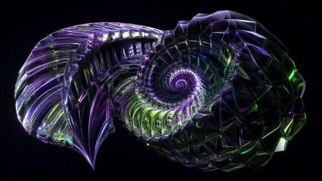 Golden Ratio Nautilus shell structure made of translucent obsidian and iridescent glass. Neon purple and toxic green light refractions inside a dark minimalist void