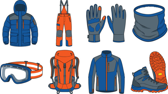 Winter outdoor sports ski and snowboard apparel gear technical fashion flat sketch vector illustration template set